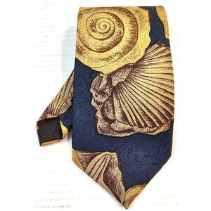 Vintage Morgan Hart Nautical Seashell Design Tie Blue/Gold Mens Neckwear
